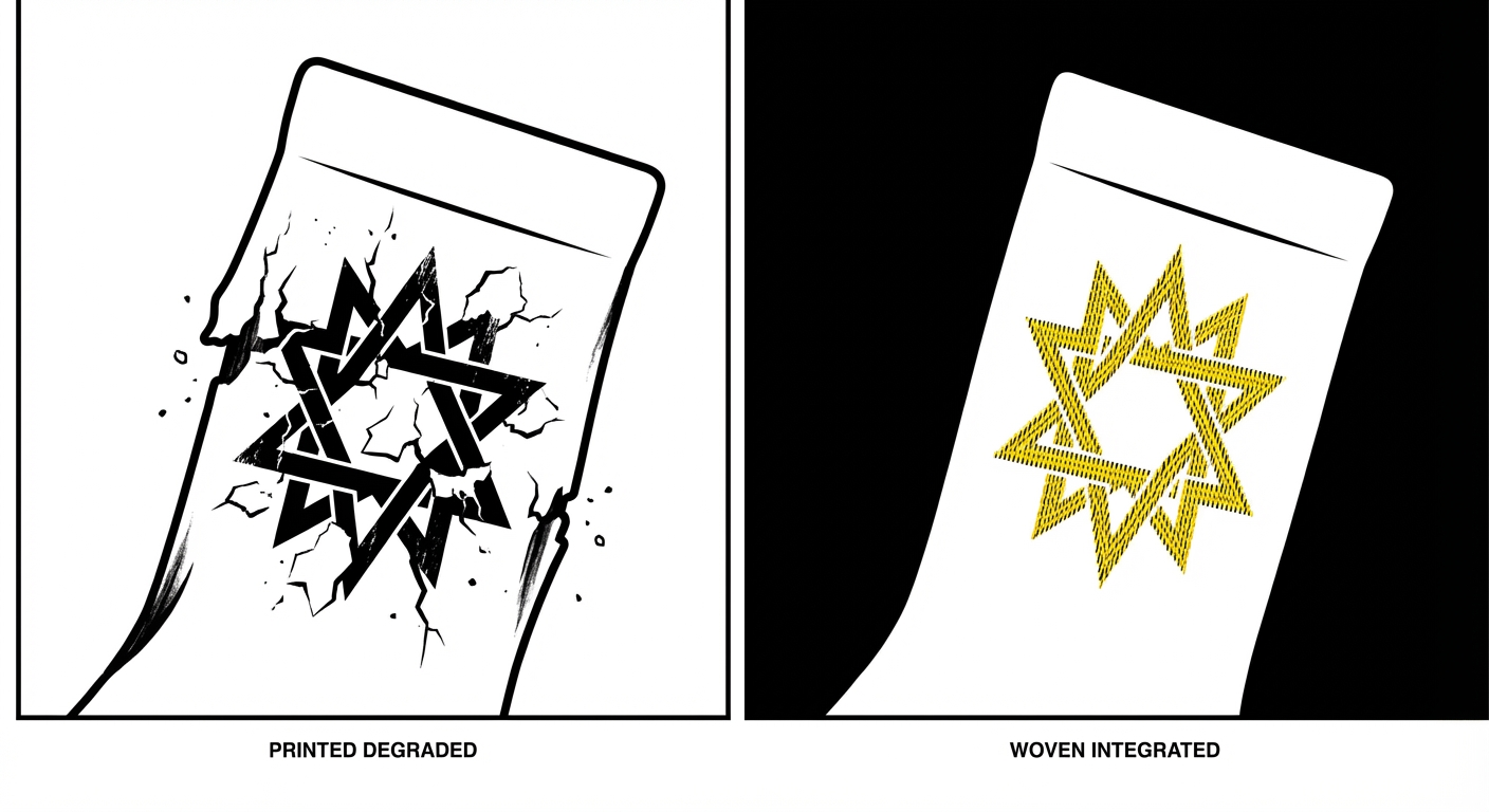 Vergelijking: bedrukte sok met vervaagd logo versus jacquard geweven sok met ingeweven logo