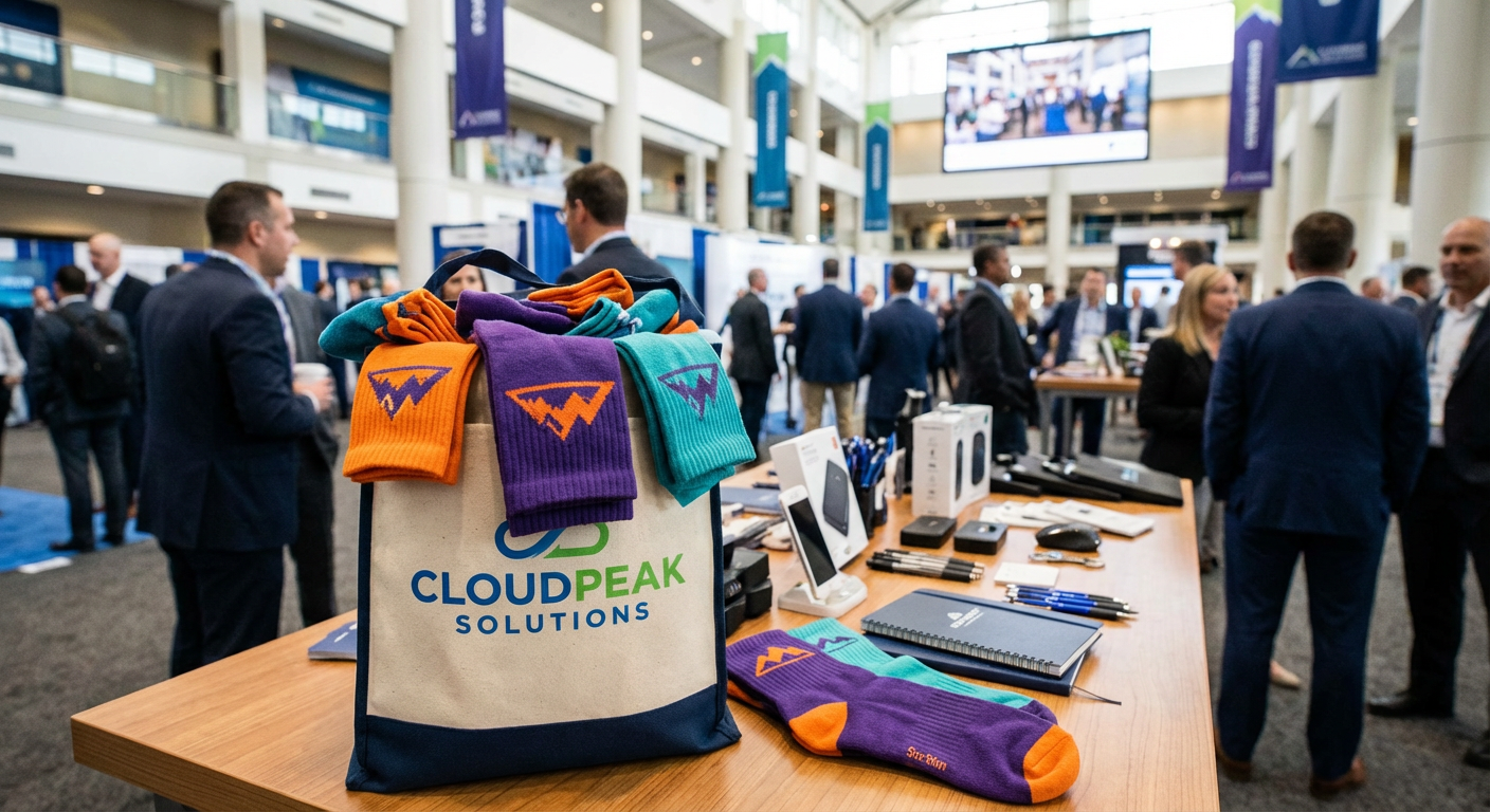 Beurs goodiebag met custom logo sokken op een evenementenstand