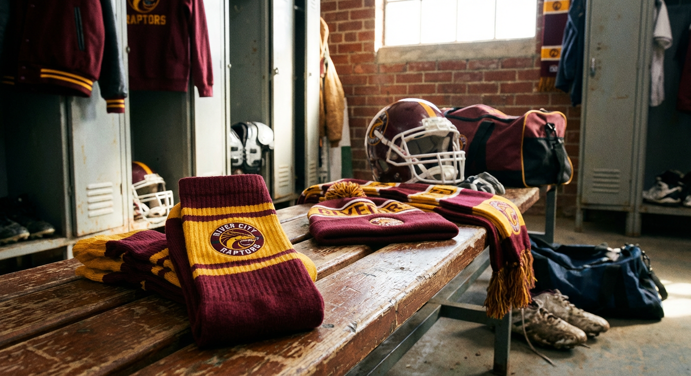 Sportclub merchandise met custom team sokken in clubkleuren op kleedkamerbank