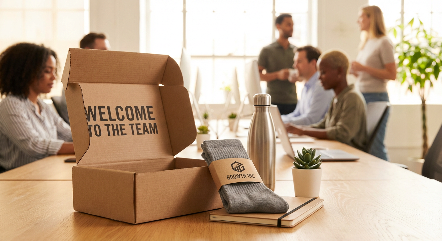 Onboarding welkomstpakket voor nieuwe medewerkers met bedrijfssokken